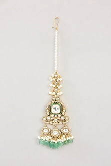 Antique Gold Finish Kundan Polki & Green Onyx Maangtikka