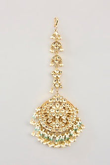 Gold Finish Kundan Polki & Green Onyx Maangtikka