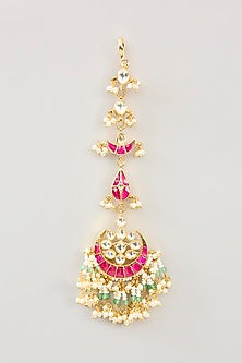 Gold Finish Kundan Polki & Green Onyx Maangtikka
