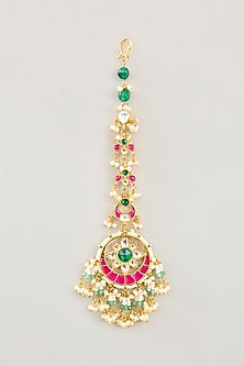 Gold Finish Kundan Polki & Pearl Drop Maangtikka