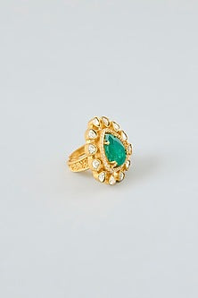 Gold Finish Green Moissanite Polki Ring