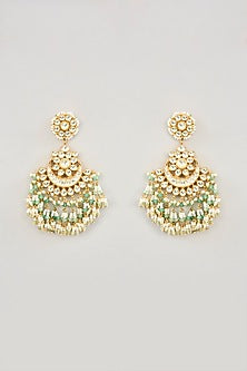 Gold Finish Kundan Polki & Green Onyx Chandbali Earrings