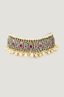 Black Rhodium Finish Ruby & Zircon Choker Necklace