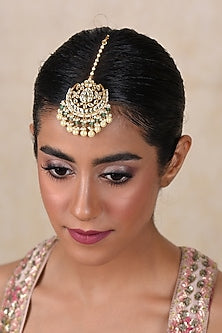 Gold Plated Green Onyx & Pearl Maangtikka