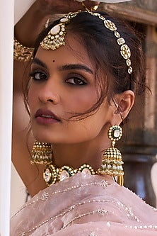 Gold Plated Green Onyx & Pearl Maangtikka