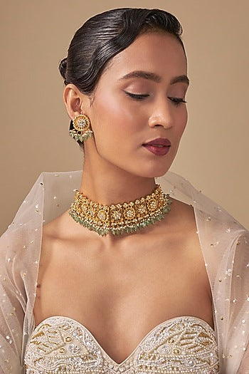 Gold Finish Kundan Polki & Mint Green Stone Choker Necklace Set