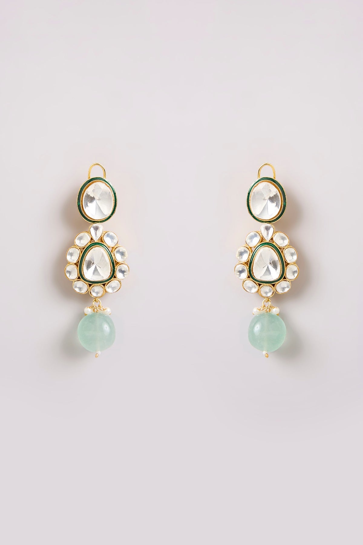 Gold Finish Kundan Polki & Mint Stone Long Necklace Set