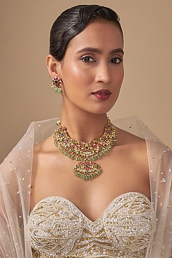 Gold Finish Kundan Polki & Green Stone Necklace Set