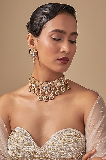 Gold Finish Kundan Polki Choker Necklace Set