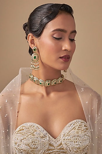 Gold Finish Kundan Polki Necklace Set