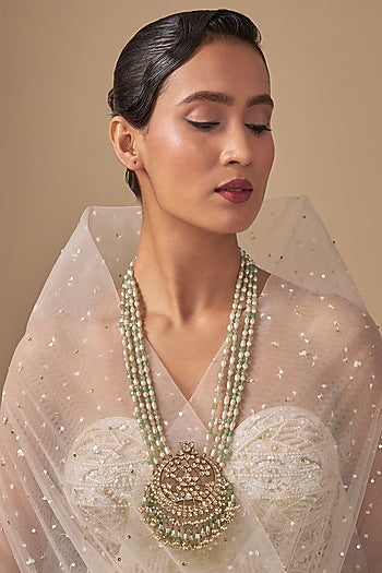 Gold Finish White & Green Beaded Long Necklace