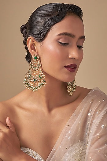 Gold Finish Kundan Polki & Green Stone Chandbali Earrings