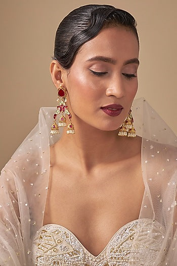 Gold Finish Kundan Polki & Red Stone Jhumka Earrings