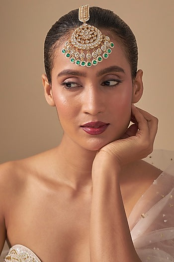 Gold Finish Kundan Polki & Green Stone Maangtikka