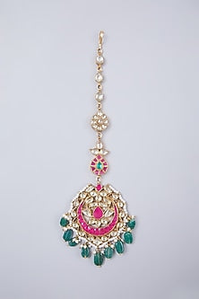 Gold Finish Kundan Polki & Ruby Maang Tikka