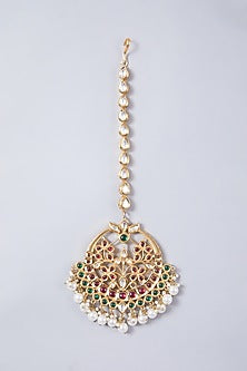 Gold Finish Green Onyx & Kundan Polki Maang Tikka
