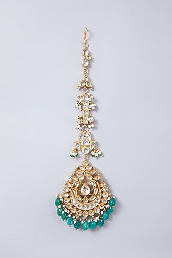 Gold Finish Kundan Turquoise Stone Maang Tikka