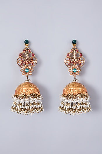 Gold Finish Jhumka Earrings With Ruby