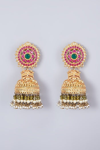 Gold Finish Ruby & Kundan Polki Jhumka Earrings