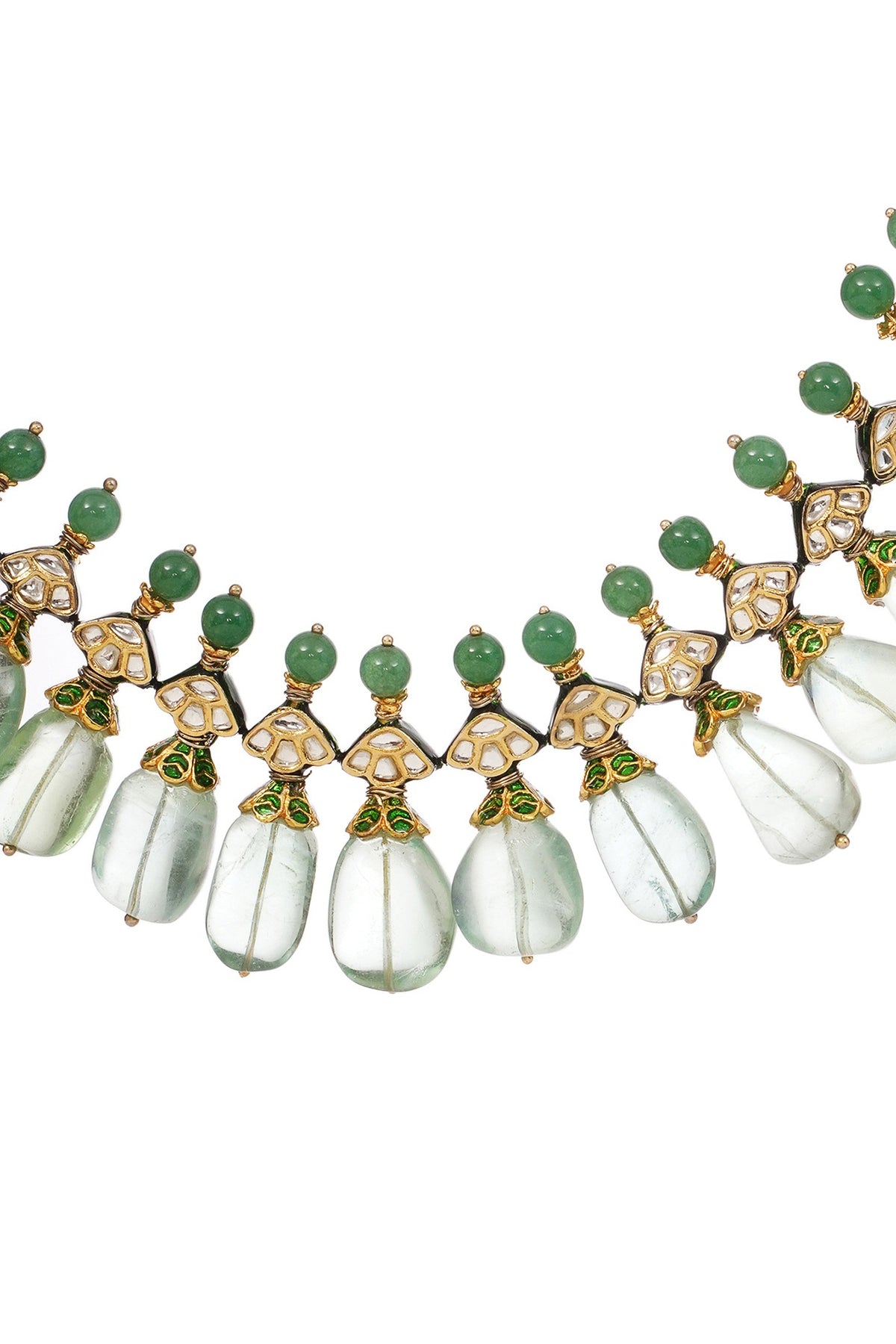 Gold Finish Kundan Polki & Fluorite Drop Choker Necklace Set