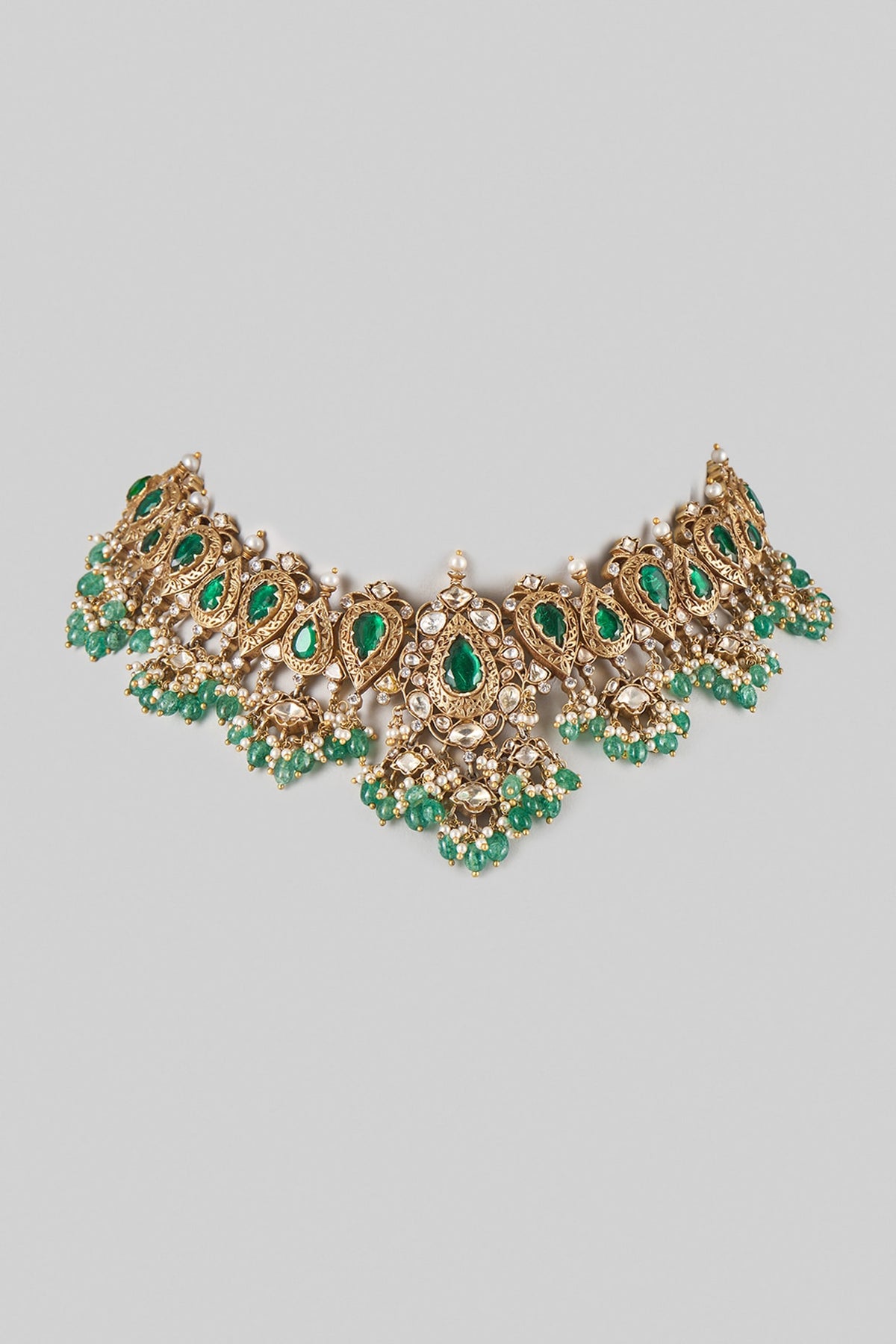 Gold Finish Emerald Stone Necklace In Sterling Silver