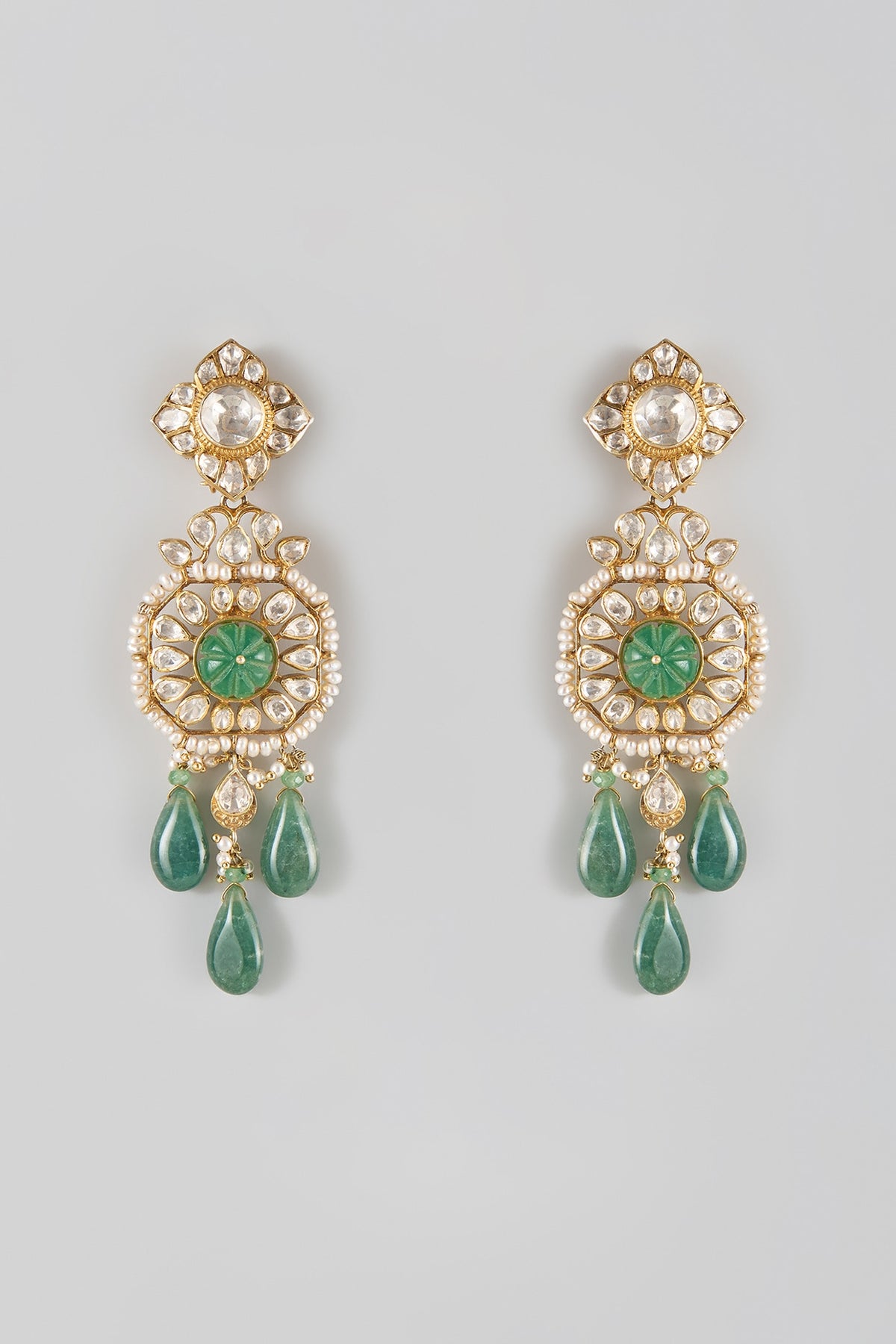 Gold Finish Kundan Polki & Emerald Stone Dangler Earrings In Sterling Silver