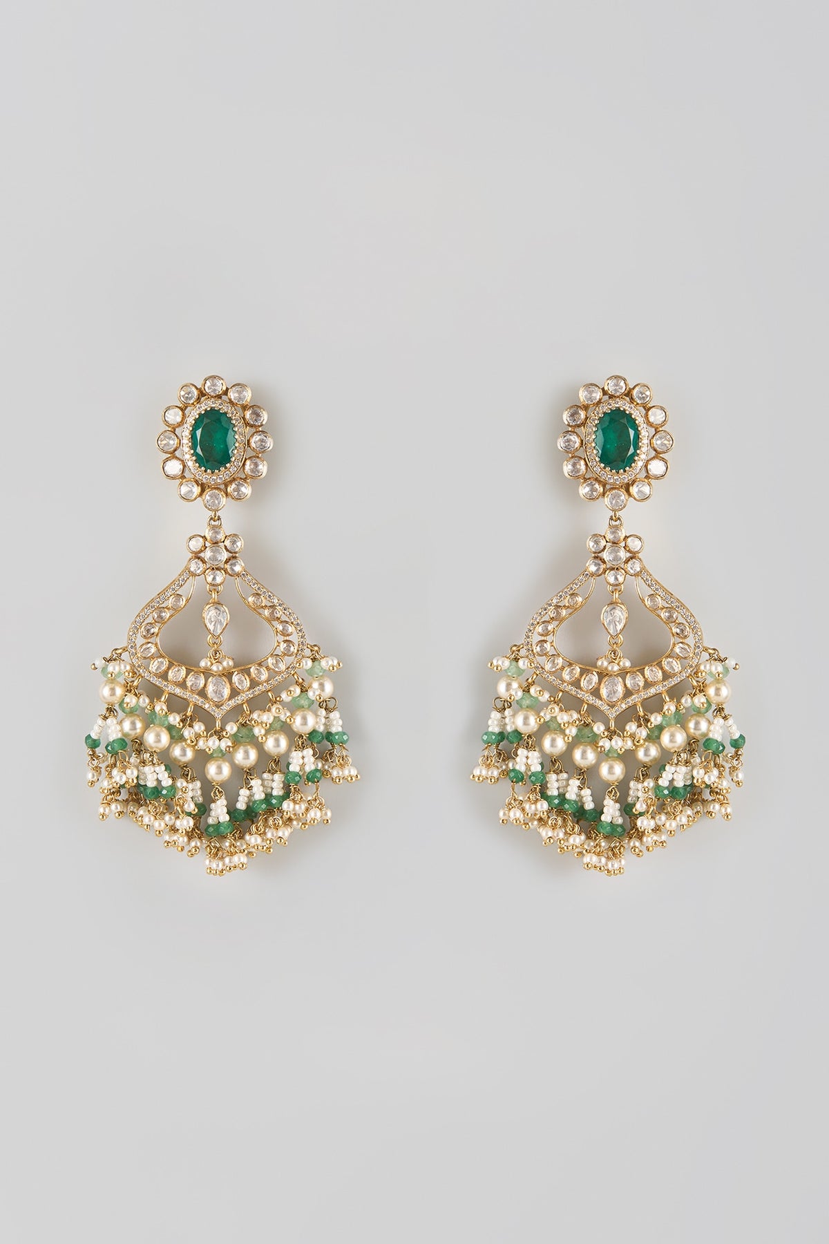 Gold Finish Kundan Polki & Emerald Stone Dangler Earrings In Sterling Silver