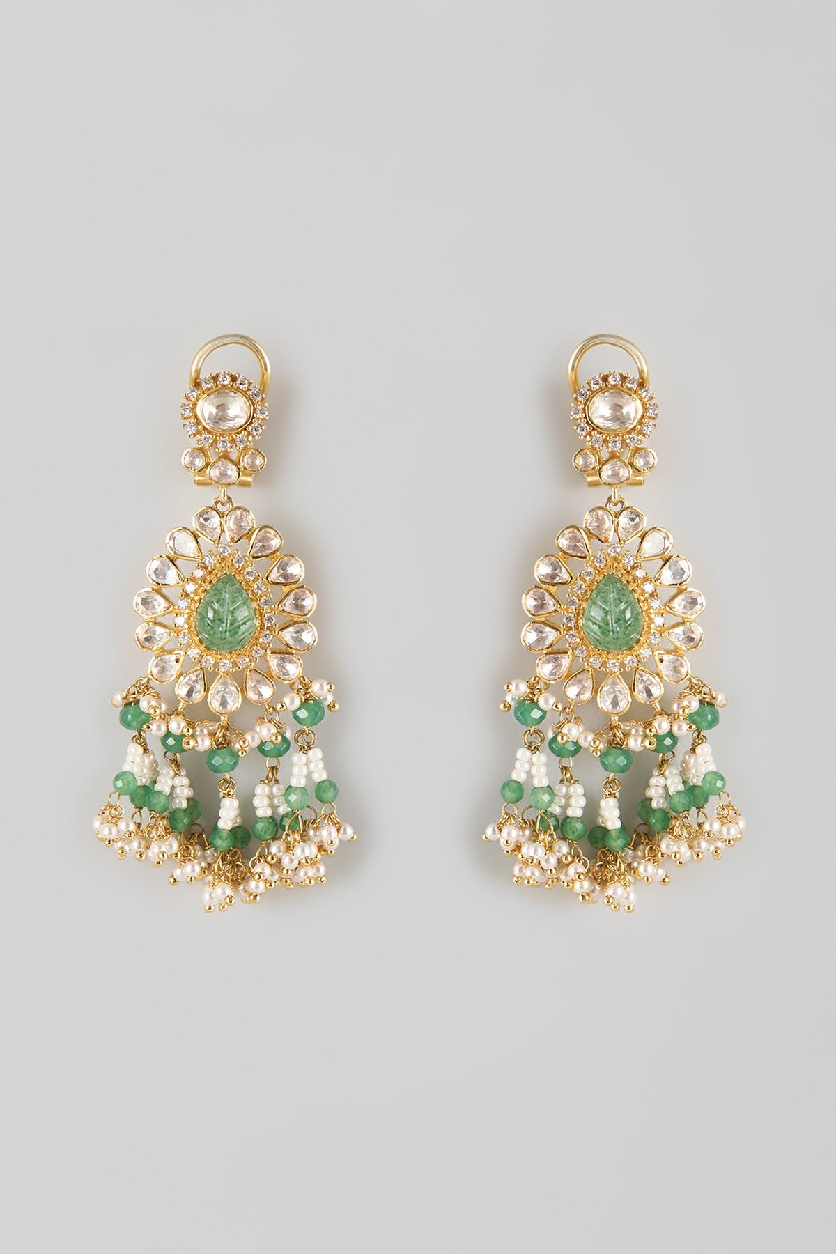 Gold Finish Kundan Polki & Green Stone Dangler Earrings In Sterling Silver