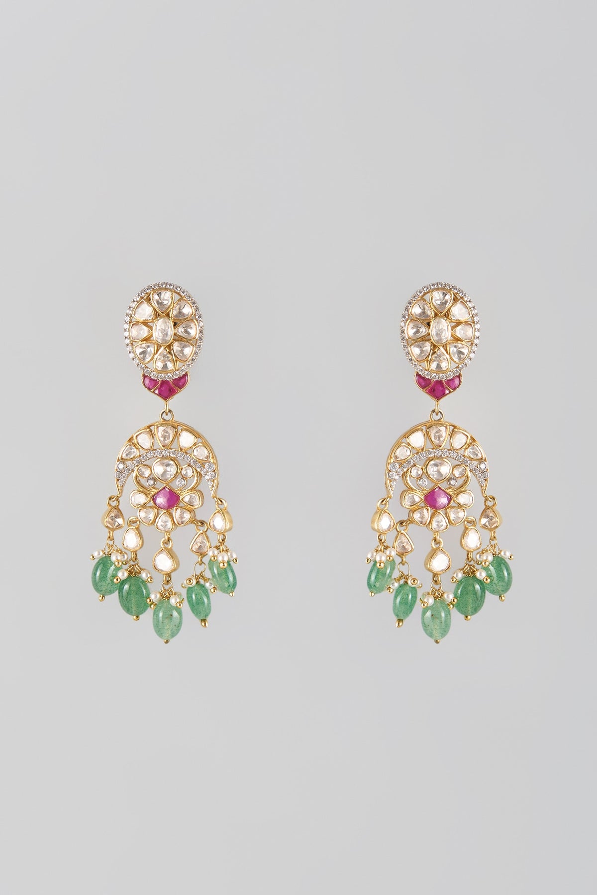 Gold Finish Kundan Polki & Multi-Colored Stone Dangler Earrings In Sterling Silver