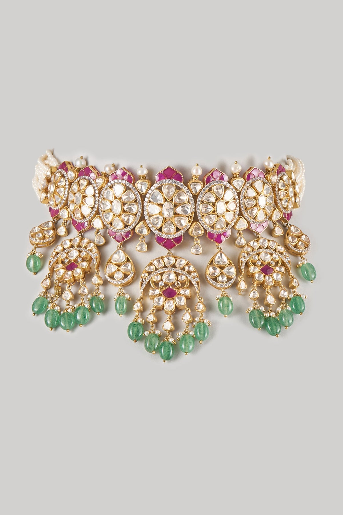 Gold Finish Kundan Polki & Multi-Colored Stone Choker Necklace In Sterling Silver