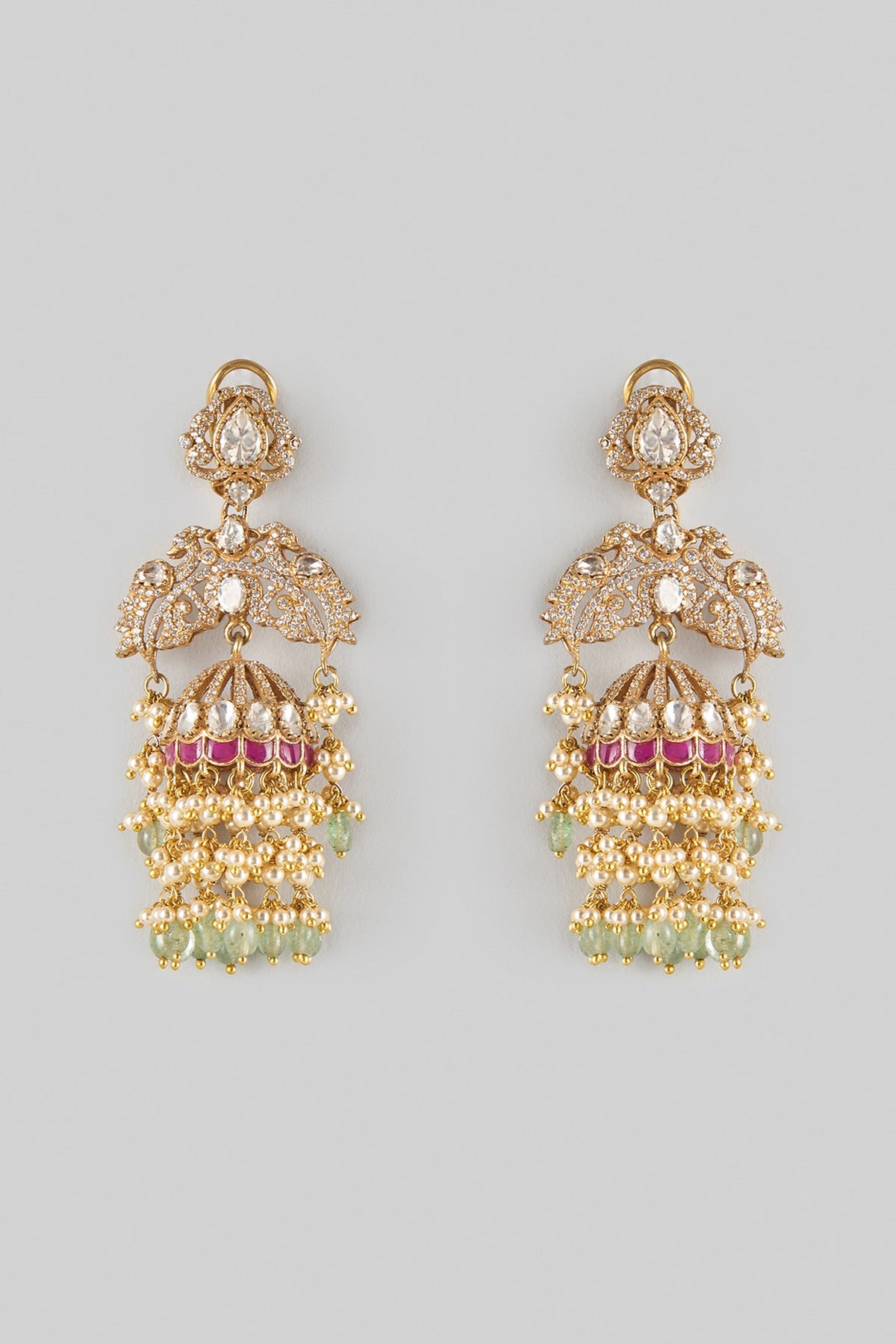 Gold Finish Kundan Polki & Multi-Colored Stone Dangler Earrings In Sterling Silver