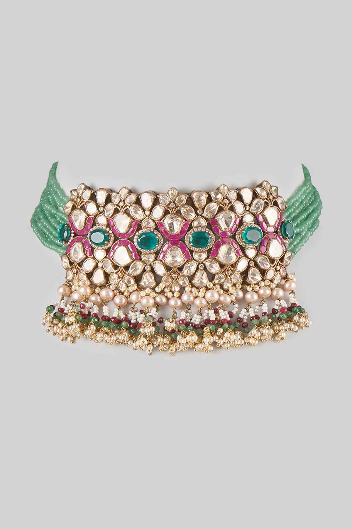 Gold Finish Kundan Polki & Emerald Beaded Choker Necklace In Sterling Silver