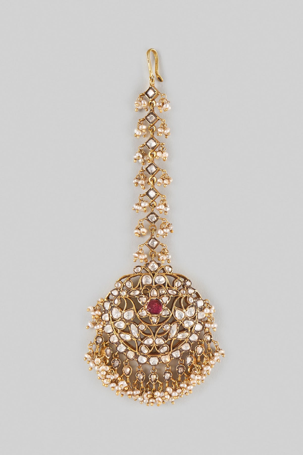Gold Finish Kundan Polki & Ruby Stone Maangtikka In Sterling Silver