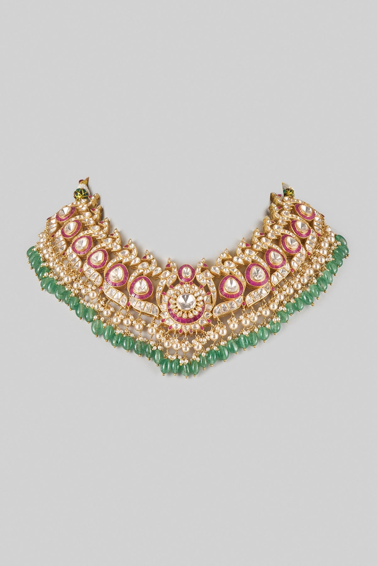Gold Finish Kundan Polki & Multi-Colored Stone Necklace In Sterling Silver