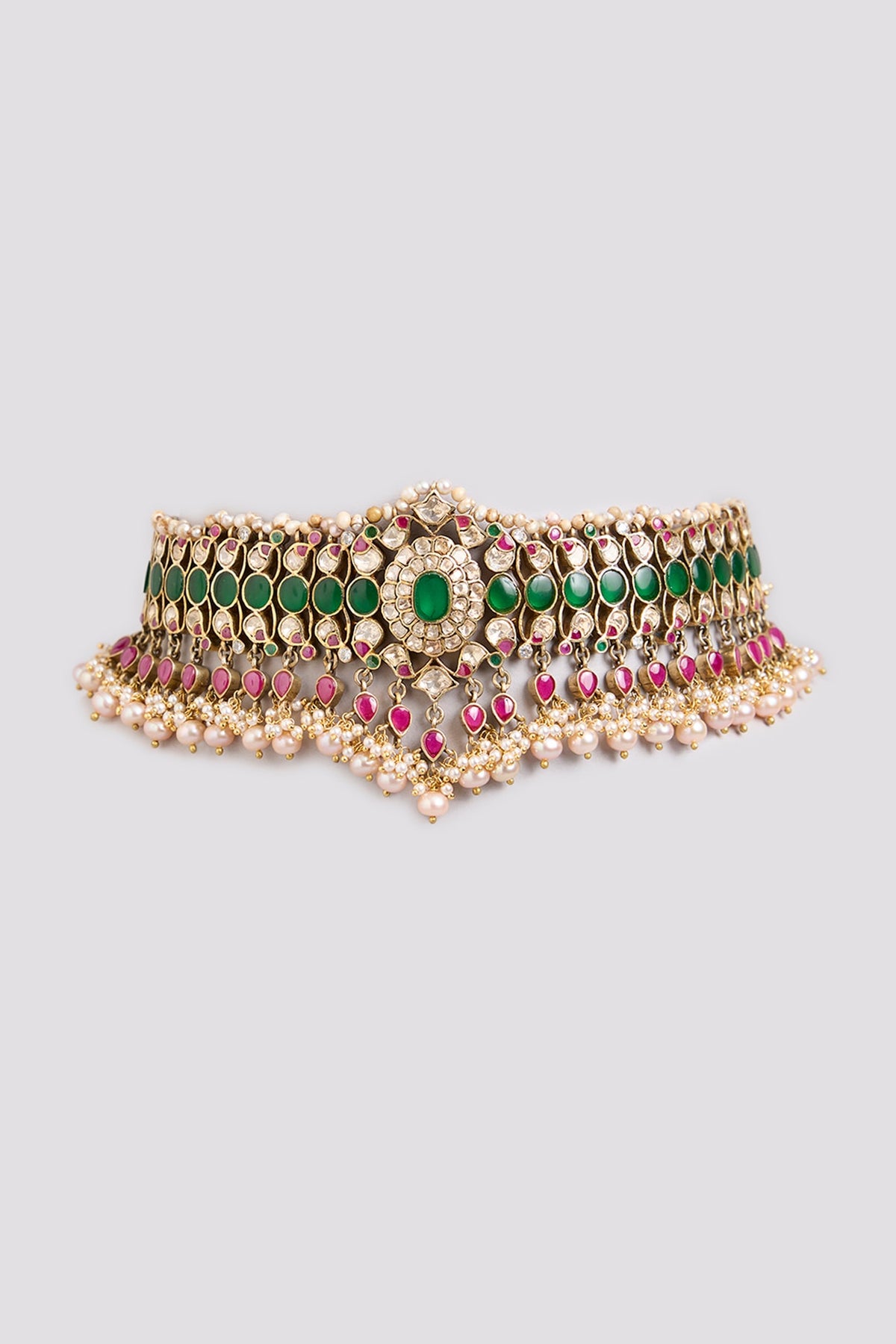 Gold Finish Kundan Polki Choker Necklace In Sterling Silver