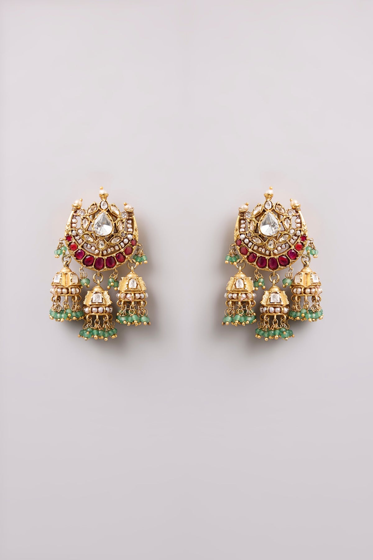Gold Finish Kundan Polki & Red Stone Dangler Earrings In Sterling Silver