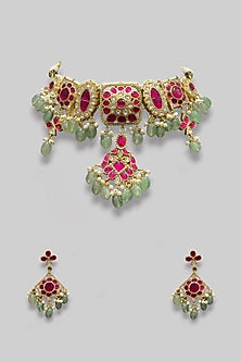 Gold Finish Kundan Polki & Pearl Choker Necklace Set