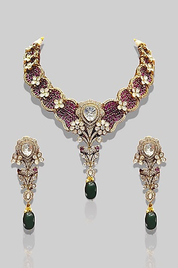 Antique Gold Finish Pink Zircon & Green Beaded Necklace Set