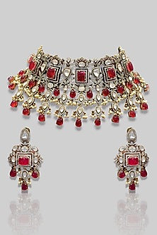 Two Tone Finish Zircon & Red Beaded Choker Necklace Set