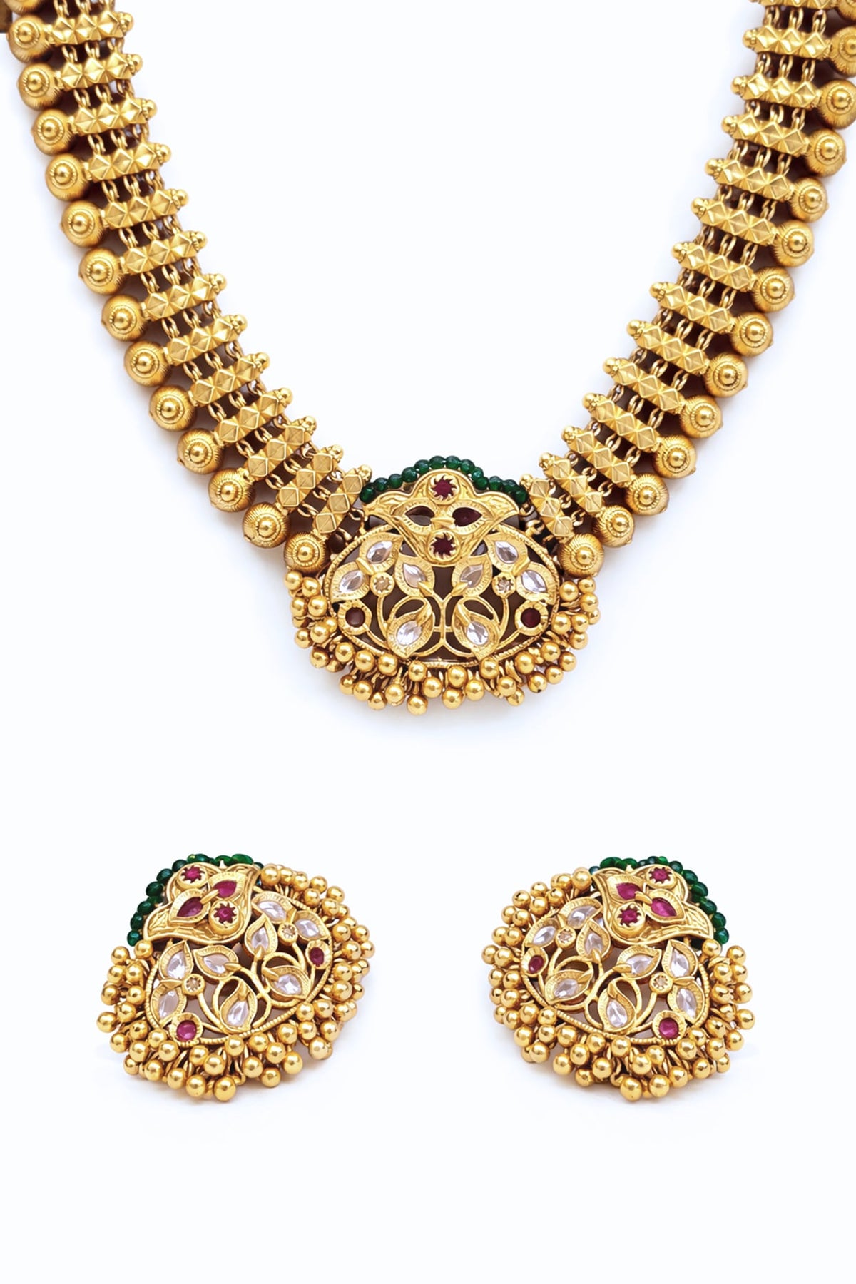 Gold Finish Green Stone Temple Necklace Set