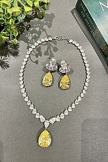White Finish Yellow Zircon Long Necklace Set