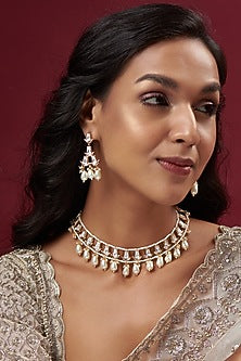 Gold Finish Kundan Polki & Pearl Choker Necklace Set