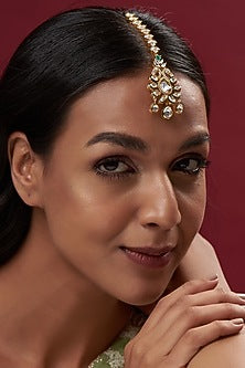 Gold Finish Kundan Polki & Green Stone Maangtikka