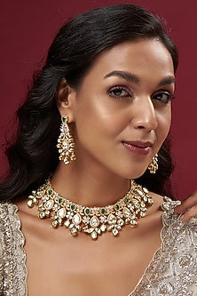 Gold Finish Kundan Polki & Green Bead Choker Necklace Set