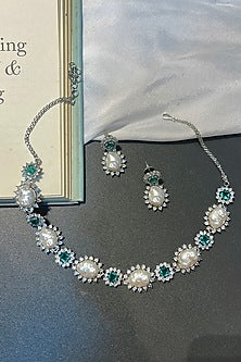 White Finish Green Zircon & Pearl Choker Necklace Set