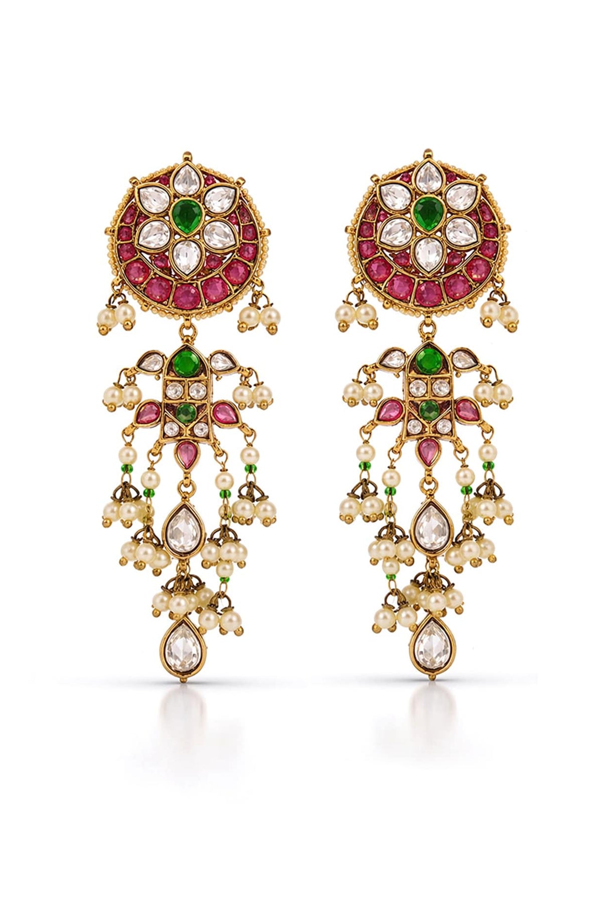 Gold Finish Multi-Colored Synthetic Stone & Pearl Dangler Earrings