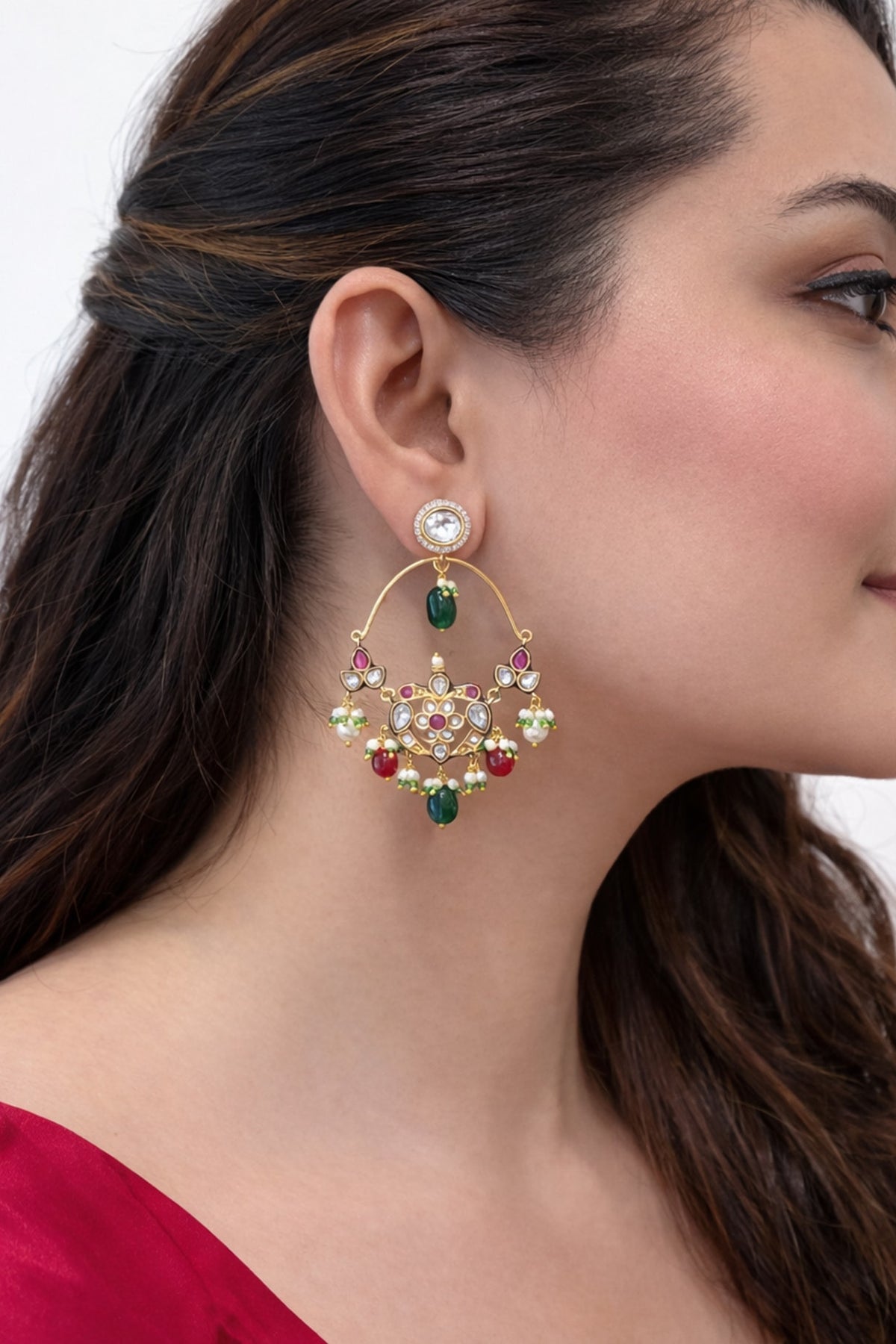 Gold Finish Kundan Polki & Ruby Chandbali Earrings