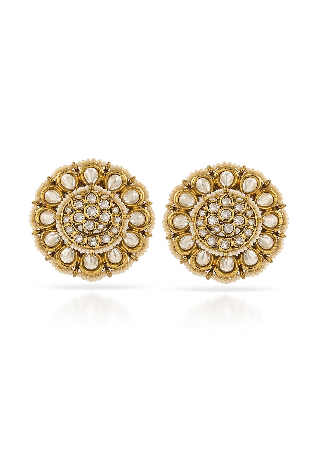 Gold Finish Kundan Polki & Pearl Stud Earrings