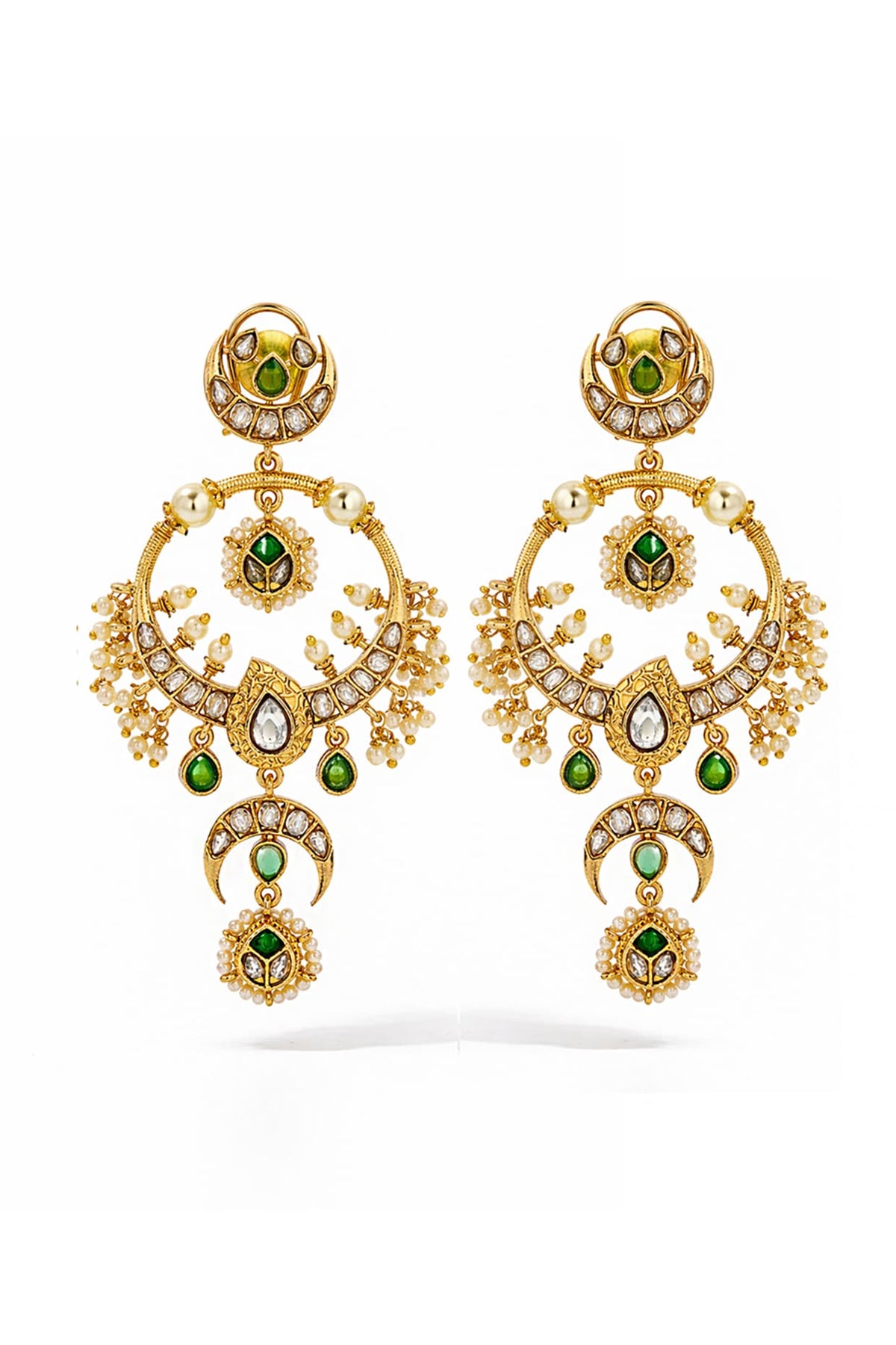 Gold Finish Emerald & Kundan Polki Chandbali Earrings