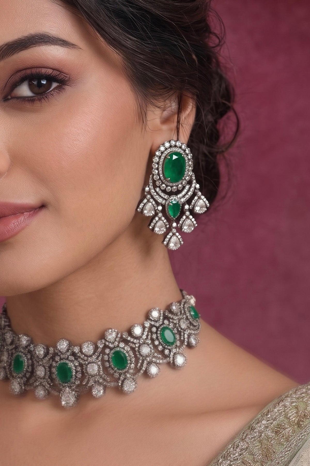 Black Rhodium Finish Zircon & Emerald Choker Necklace Set